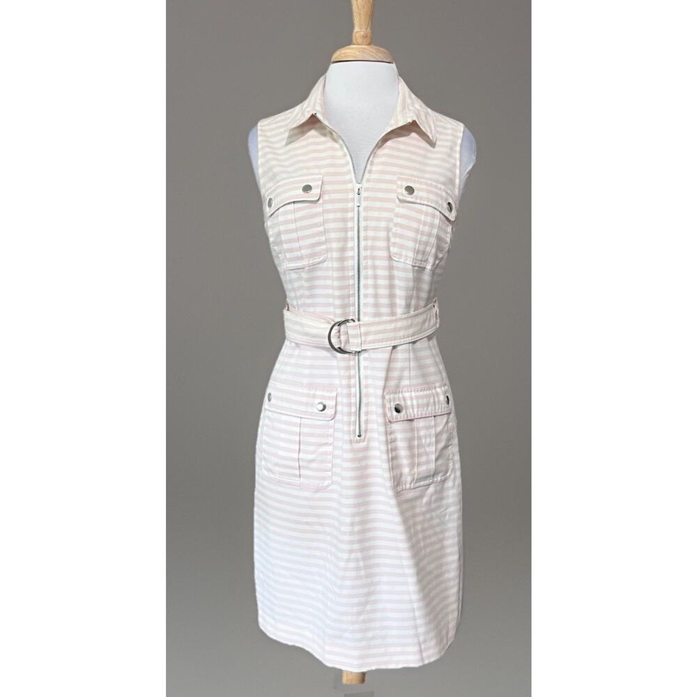 Sharagano Sleeveless Zip Belted Shirt Dress Pink/White Stripe Nautical 10